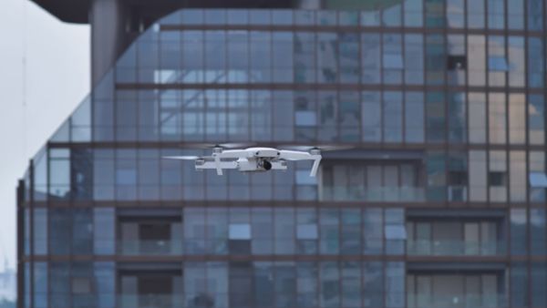 Drone in the sky at a city