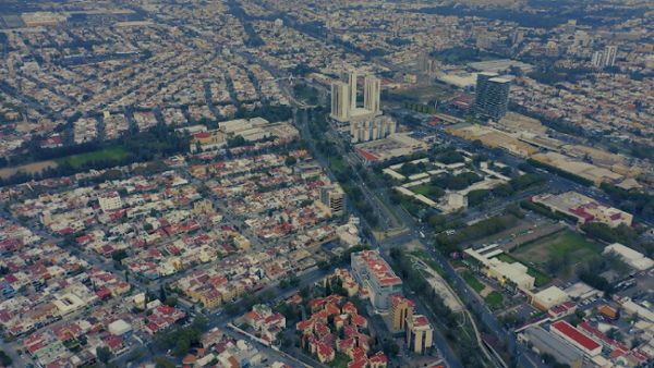 Wide aerial view of a city